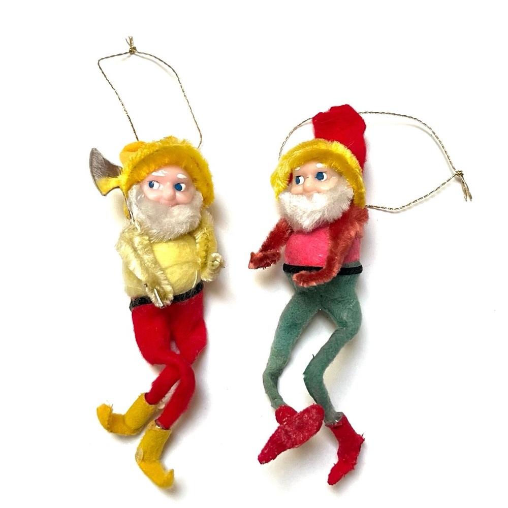 Vintage Elf Gnome Ornaments Spun Cotton Chenille Celluloid